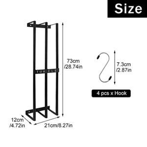 LVOERTUIG Wall Towel Rack for Rolled Towels with 4 Hooks, Towel Holder Towel Racks for Bathroom Wall Mounted, Bathroom Towel Storage, Metal Bath Towel Holder for Washcloths (Black)