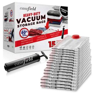casafield 15 vacuum storage bags - variety pack (3 sm, 3 md, 3 lg, 3 xl, 3 jumbo) with travel hand pump - space saving compression bags for clothes, blankets, comforters