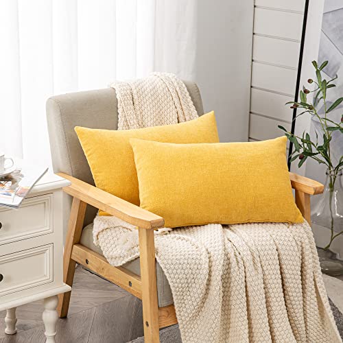 Lumbar Support Pillow Decorative Rectangle Throw Pillow Covers 12x20" Inch Set of 2,Super soft Chenille Fall Pillowcase for Living Room Bedroom Sofa Couch Cushion Cover Gold Yellow 30x50cm (No Insert)