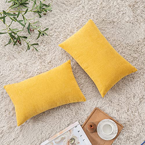 Lumbar Support Pillow Decorative Rectangle Throw Pillow Covers 12x20" Inch Set of 2,Super soft Chenille Fall Pillowcase for Living Room Bedroom Sofa Couch Cushion Cover Gold Yellow 30x50cm (No Insert)