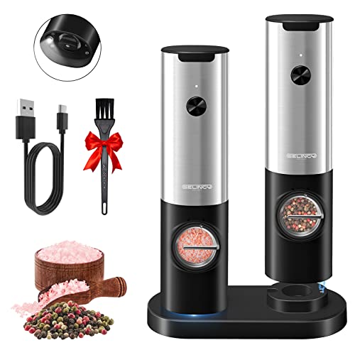 SELINGY Electric Salt and Pepper Grinder Set with Rechargeable Base, One Hand Operation Automatic Salt and Pepper Grinder Set - White Light - Adjustable Coarseness Pepper Mill Grinders