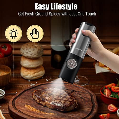 SELINGY Electric Salt and Pepper Grinder Set with Rechargeable Base, One Hand Operation Automatic Salt and Pepper Grinder Set - White Light - Adjustable Coarseness Pepper Mill Grinders