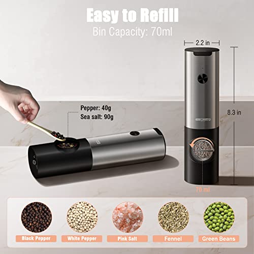 SELINGY Electric Salt and Pepper Grinder Set with Rechargeable Base, One Hand Operation Automatic Salt and Pepper Grinder Set - White Light - Adjustable Coarseness Pepper Mill Grinders