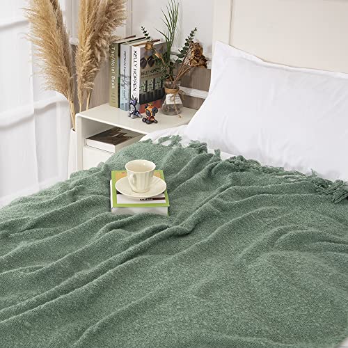 Gealaek Decorative Fluffy Faux Cashmere Throw Blanket Stone Green Fringe Lightweight Fuzzy Soft Cozy Throws for Sofa Bed Farmhouse Throw Blanket 50" x 60"