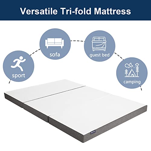 Molblly Folding Mattress, 6 inch Tri-Folding Memory Form Mattress, Portable Trifold Mattress Topper with Washable Cover, Non-Slip Bottom Camping Mattress Guest Bed, Queen Size - 78"x58"x6"