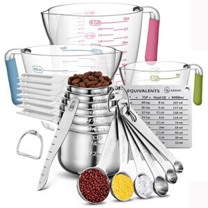measuring cups and spoons set, aikexin stainless steel 7 measuring cups & 6 measuring spoons & 3 transparent plastic measuring cup, 1 leveler 1 measuring conversion chart and 2 metal ring (20 piece)……