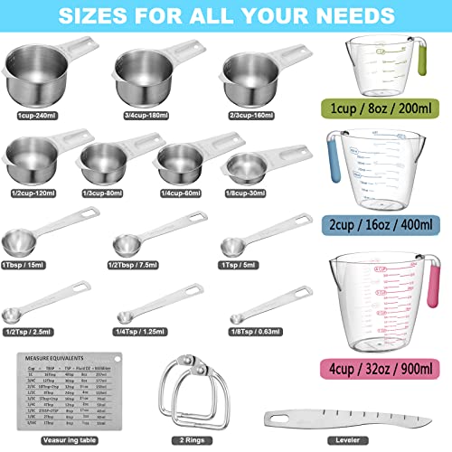 Measuring Cups and Spoons Set, AIKEXIN Stainless Steel 7 Measuring Cups & 6 Measuring Spoons & 3 Transparent Plastic Measuring Cup, 1 Leveler 1 Measuring Conversion Chart and 2 Metal Ring (20 Piece)……