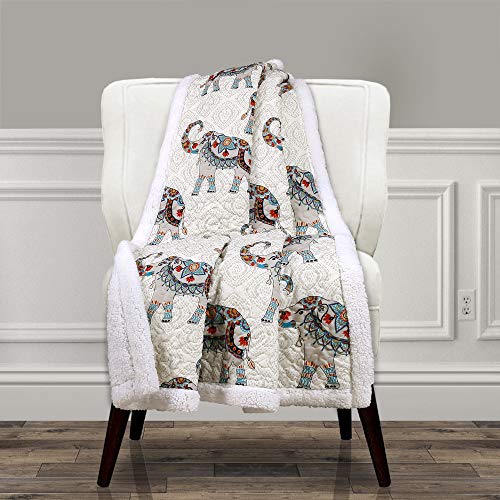 Lush Decor Hati Elephant Throw | Fuzzy Reversible Bohemian Sherpa Blanket - 60” x 50”, Navy and Turquoise