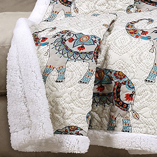 Lush Decor Hati Elephant Throw | Fuzzy Reversible Bohemian Sherpa Blanket - 60” x 50”, Navy and Turquoise