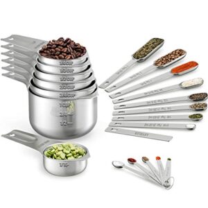 wildone measuring cups & spoons set of 21 - includes 7 stainless steel nesting measuring cups, 8 measuring spoons, 1 leveler & 5 mini measuring spoons, ideal for dry and liquid ingredients
