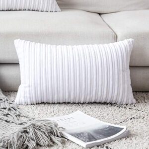 ugasa velvet pillow covers striped, decorative throw cushion case with hidden zipper for home couch/bedroom/car, soft cozy solid oblong, 1 piece (12"x20", pure white)