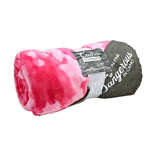 Pavilion Gift Company -Pretty in Pink Dangerous in Camo - Pink Camouflage 50 x 60 Inch Super Soft Royal Plush Blanket with Snack, Phone Or Remote Holder Pocket in The Corner (35153)