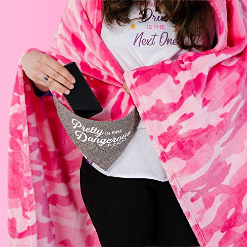 Pavilion Gift Company -Pretty in Pink Dangerous in Camo - Pink Camouflage 50 x 60 Inch Super Soft Royal Plush Blanket with Snack, Phone Or Remote Holder Pocket in The Corner (35153)