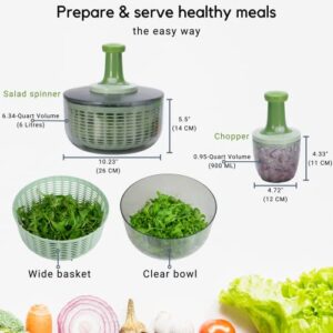 Brieftons Salad Spinner and Chopper: Large 6.3-Quart Lettuce Greens Vegetable Washer Dryer, with Bonus 0.95-Quart Veggie Chopper Mixer, Compact Storage, Easy Push Operation for Quick Veggie Prepping