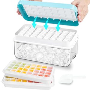 zzwillb ice cube tray, 64 pcs ice tray with lid and bin and ice scoop, ice cube pop out tray, ice cube trays for freezer, ice cube molds, bpa free, easy release stackble spill-resistant (blue)