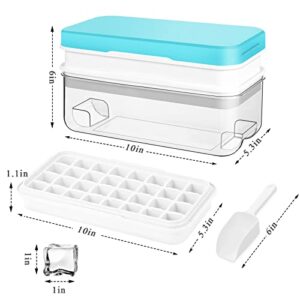 ZZWILLB Ice Cube Tray, 64 pcs Ice Tray with Lid and Bin and Ice Scoop, Ice Cube Pop Out Tray, Ice Cube Trays for Freezer, Ice Cube Molds, BPA Free, Easy Release Stackble Spill-Resistant (Blue)