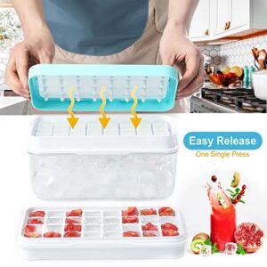 ZZWILLB Ice Cube Tray, 64 pcs Ice Tray with Lid and Bin and Ice Scoop, Ice Cube Pop Out Tray, Ice Cube Trays for Freezer, Ice Cube Molds, BPA Free, Easy Release Stackble Spill-Resistant (Blue)