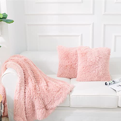 NordECO HOME Luxury Soft Faux Fur Fleece Cushion Cover Pillowcase Decorative Throw Pillows Covers, No Pillow Insert, 18" x 18" Inch, Pink, 2 Pack