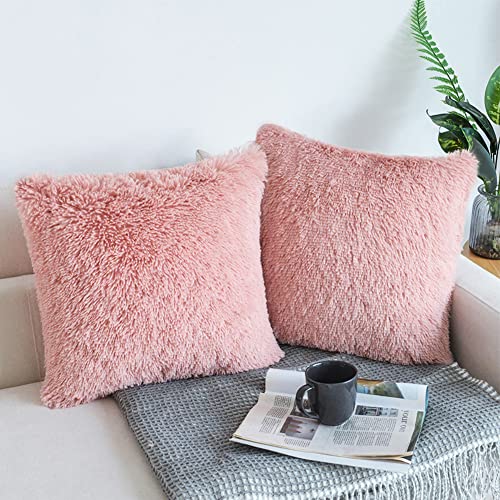 NordECO HOME Luxury Soft Faux Fur Fleece Cushion Cover Pillowcase Decorative Throw Pillows Covers, No Pillow Insert, 18" x 18" Inch, Pink, 2 Pack