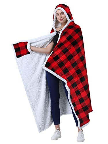 Catalonia Buffalo Plaid Hooded Blanket Poncho | Wearable Blanket Wrap with Hand Pockets | Comfy Sherpa Fleece Throw Cape for Children and Adults, Women Gift