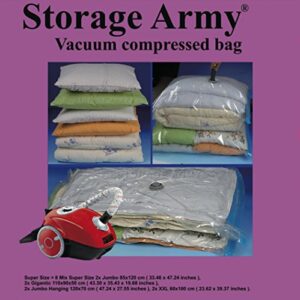 storage army [pack of 8 mix super size storage bags jumbo, gigantic, jumbo hanging & xxl sealed compressed vacuum bag home space organizer travel storage saver protects from water odor, dust, insects