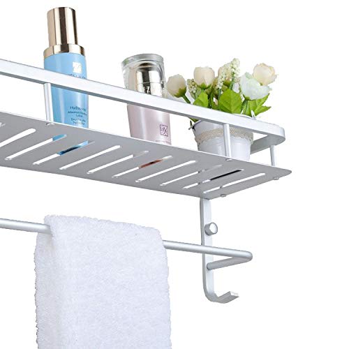 Chrasy Modern Double Layer Towel Bar, Wall Mount Bathroom Storage Shelves and One Towel Bar and 2 Hooks, Aluminum Towel Holders, Shower Towel Rack, Bath/Kitchen Storage Shelf -15.7in