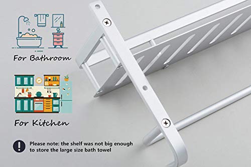 Chrasy Modern Double Layer Towel Bar, Wall Mount Bathroom Storage Shelves and One Towel Bar and 2 Hooks, Aluminum Towel Holders, Shower Towel Rack, Bath/Kitchen Storage Shelf -15.7in