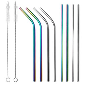 8-pack reusable stainless steel metal straws with case - extra long metal straws drinking for 20 oz 35 oz tumblers with 2 cleaning brushes - size 8.5" 6mm (multi colors)