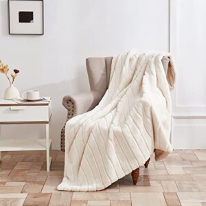 luxury decorative striped faux fur throw blanket 60"x 80" for couch sofa bed in ivory white, lightweight, soft & cozy