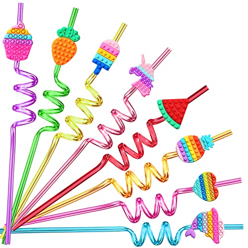 24 Pop Birthday Party Favors it Plastic Drinking Straws 8 Pop Fidget Designs Great for Pop Party Supplies with 2 Cleaning Brush