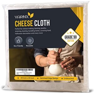 yarnx cheesecloth 20x20 inches hemmed - grade 90 muslin cloth - 100% ultra-fine unbleached organic cotton cheese cloths for straining, filtering, cooking, baking