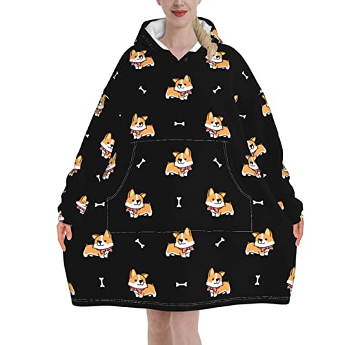 Cute Corgi With Scarf Wearable Hoodie Blanket Women'S Pajamas Oversized Soft Flannel Sweatshirt Winter Adult And Teenagers Cold-Proof Cute Blanket