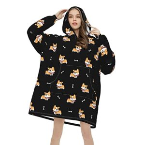 Cute Corgi With Scarf Wearable Hoodie Blanket Women'S Pajamas Oversized Soft Flannel Sweatshirt Winter Adult And Teenagers Cold-Proof Cute Blanket