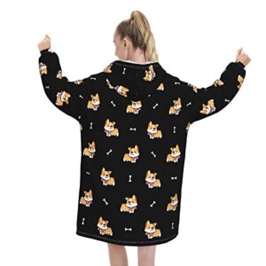 Cute Corgi With Scarf Wearable Hoodie Blanket Women'S Pajamas Oversized Soft Flannel Sweatshirt Winter Adult And Teenagers Cold-Proof Cute Blanket