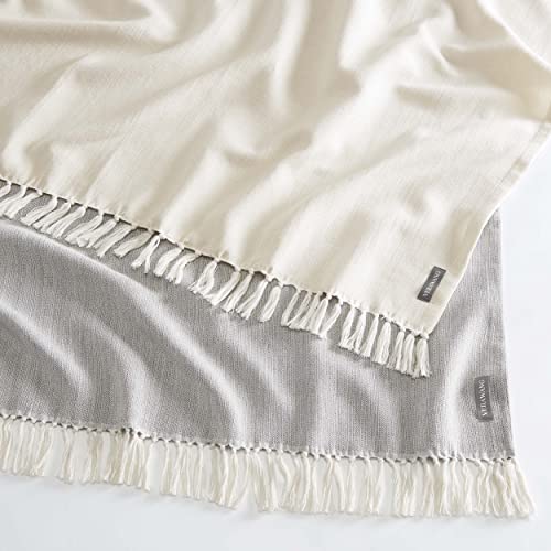 Vera Wang - Throw Blanket, Luxury Cotton Bedding, Lightweight Home Decor for All Seasons (Twill Fringe Natural Beige, Throw) 50" x 60"