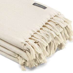 Vera Wang - Throw Blanket, Luxury Cotton Bedding, Lightweight Home Decor for All Seasons (Twill Fringe Natural Beige, Throw) 50" x 60"