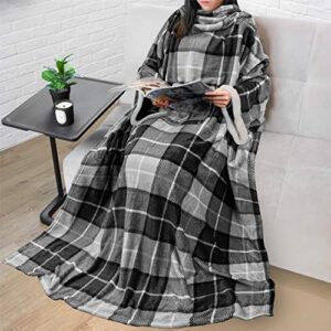 pavilia deluxe fleece blanket with sleeves for women men adult, wearable blanket warm cozy, super soft sleeved throw with arms pocket, gift for women mom wife (plaid charcoal)