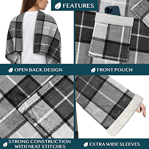 PAVILIA Deluxe Fleece Blanket with Sleeves for Women Men Adult, Wearable Blanket Warm Cozy, Super Soft Sleeved Throw with Arms Pocket, Gift for Women Mom Wife (Plaid Charcoal)