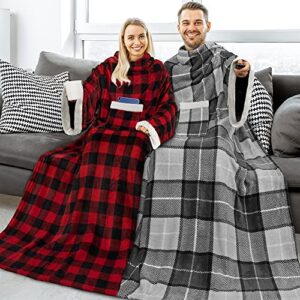 PAVILIA Deluxe Fleece Blanket with Sleeves for Women Men Adult, Wearable Blanket Warm Cozy, Super Soft Sleeved Throw with Arms Pocket, Gift for Women Mom Wife (Plaid Charcoal)