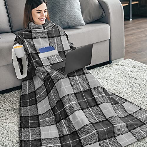 PAVILIA Deluxe Fleece Blanket with Sleeves for Women Men Adult, Wearable Blanket Warm Cozy, Super Soft Sleeved Throw with Arms Pocket, Gift for Women Mom Wife (Plaid Charcoal)