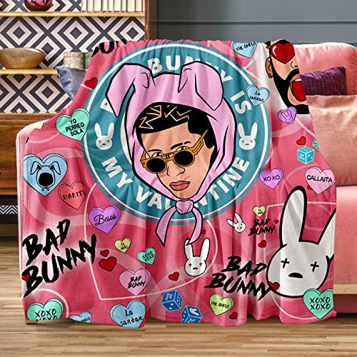 Bad Cute Bunny Flannel Throw Blanket Rapper Singer Soft Warm Cozy Plush Blanket Microfiber Throw Couch Sofa Bed 50"x60"