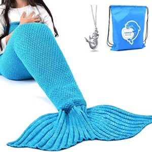 LAGHCAT Mermaid Tail Blanket Crochet Mermaid Blanket for Adult, Soft All Seasons Sleeping Blankets, Classic Pattern (71"x35.5", Blue)