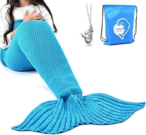 LAGHCAT Mermaid Tail Blanket Crochet Mermaid Blanket for Adult, Soft All Seasons Sleeping Blankets, Classic Pattern (71"x35.5", Blue)