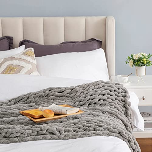 HBlife Chunky Knit Throw Blanket 40X40 Inches, Super Warm Soft Chenille Yarn Cable Knitted Blankets and Throws Boho Giant Cozy Thick Crochet Blanket for Sofa Bed Couch, Grey