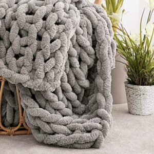 HBlife Chunky Knit Throw Blanket 40X40 Inches, Super Warm Soft Chenille Yarn Cable Knitted Blankets and Throws Boho Giant Cozy Thick Crochet Blanket for Sofa Bed Couch, Grey