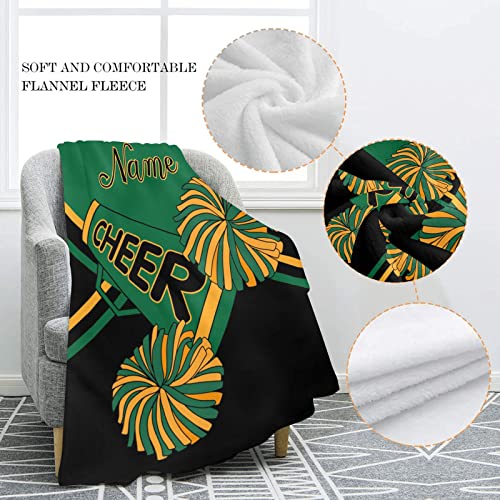 Cheerleader Green Gold& Black Personalized Blanket with Name Soft Fleece Throw Blankets for Men Women Birthday Wedding Gift 60X80 inch