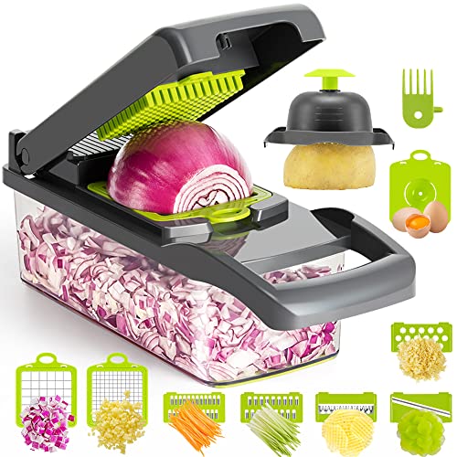 KEOUKE Vegetable Chopper Slicer Dicer - 12 -in -1 Onion Chopper Fruits Cutter Mandoline Slicer Food Chopper/Cutter with 7 Stainless Steel Blades, Adjustable Slicer & Dicer with Storage Container