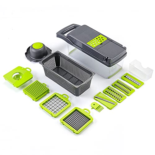 KEOUKE Vegetable Chopper Slicer Dicer - 12 -in -1 Onion Chopper Fruits Cutter Mandoline Slicer Food Chopper/Cutter with 7 Stainless Steel Blades, Adjustable Slicer & Dicer with Storage Container