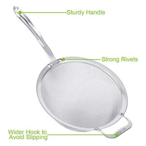 9" Large Mesh Strainer, Stainless Steel 18/8 Extra Fine Quinoa Sieve, with Solid Sturdy Handle, Flour Filter with Wider Hook