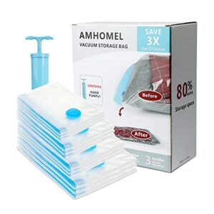 amhomel vacuum storage bag (3 jumbo, 3 large, 3 medium, 3 small) ziplock space saver sealer bags, air tight compression organizers for pillows clothes blankets comforters with hand pump - 12 combo